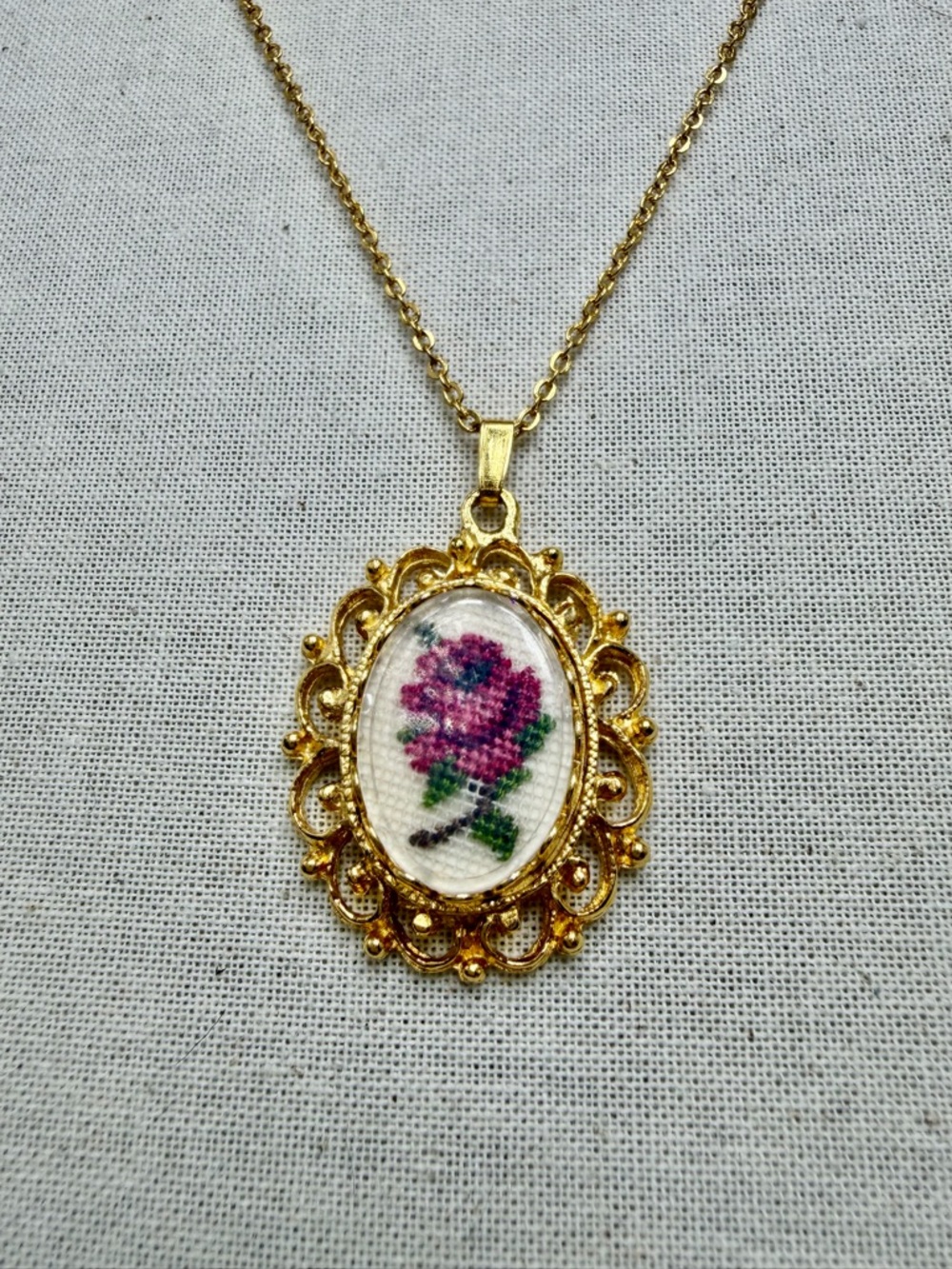 Vintage Petit Point Red Rose Pendant